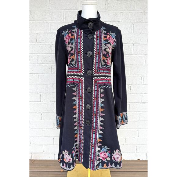 Johnny Was Navy Floral Cross Stitch Embroidered Button Front Long Jacket Coat M - Picture 1 of 9